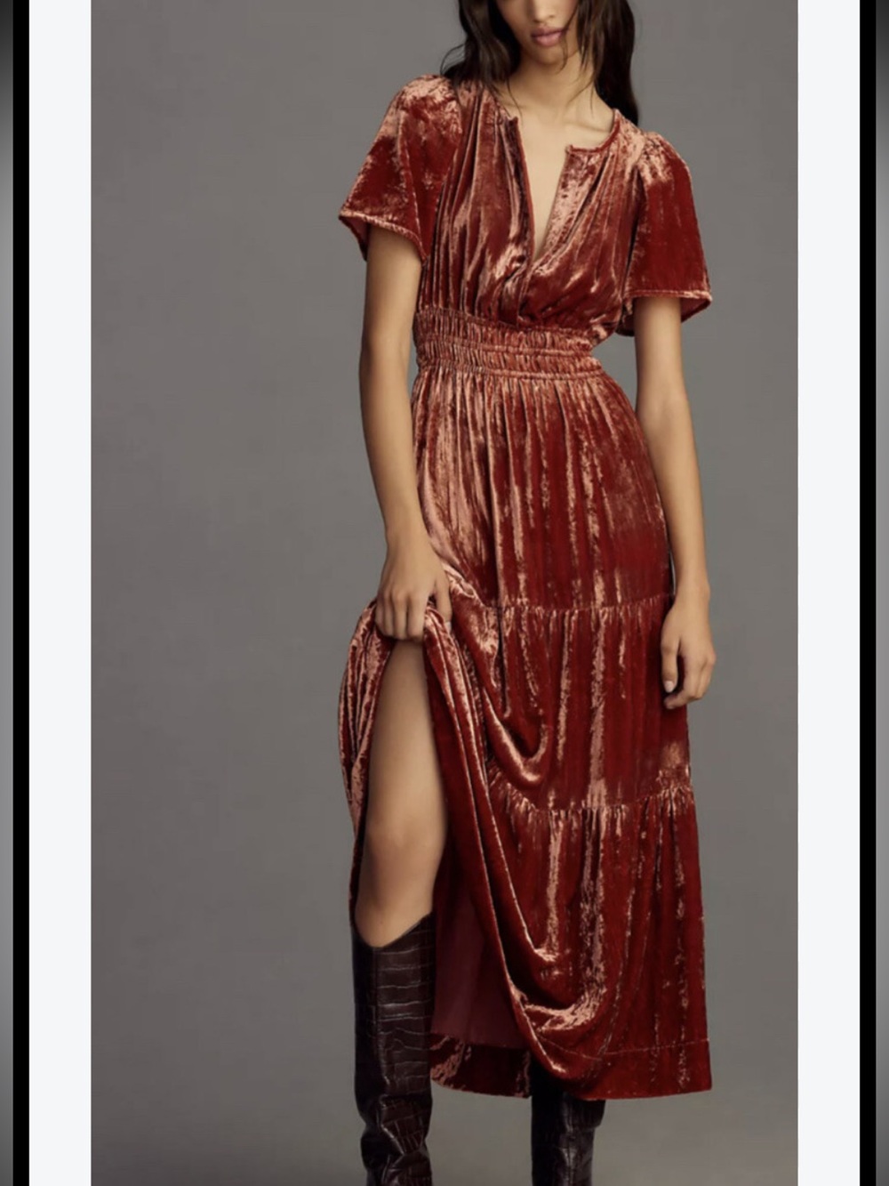 Anthropologie Sz M The Somerset Maxi Dress Velvet Edition Tiered Smocked Boho.